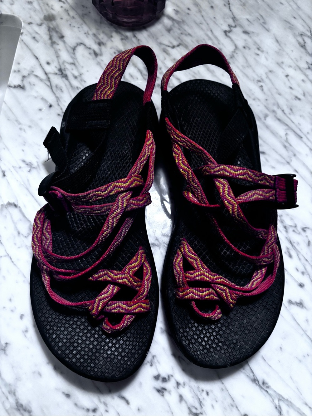 Women's Black Sandals with Pink Accent Straps
